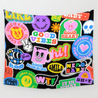 Retro cartoon sticker label pattern Wall Tapestry Gallery Image 4