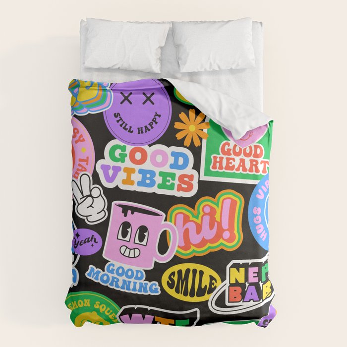 Retro cartoon sticker label pattern Duvet Cover Gallery Image 1