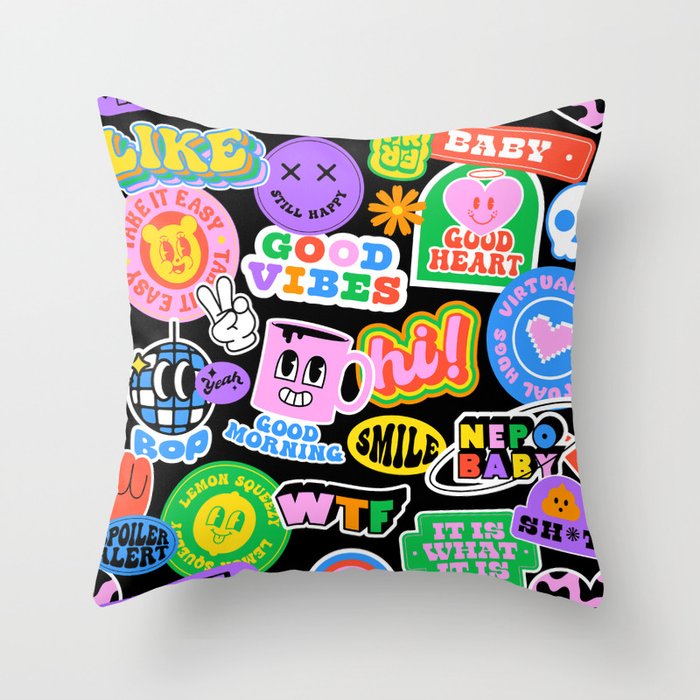 Retro cartoon sticker label pattern Throw Pillow Gallery Image 6