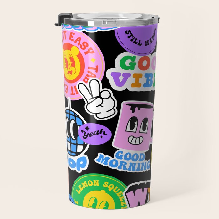 Retro cartoon sticker label pattern Travel Mug Gallery Image 3