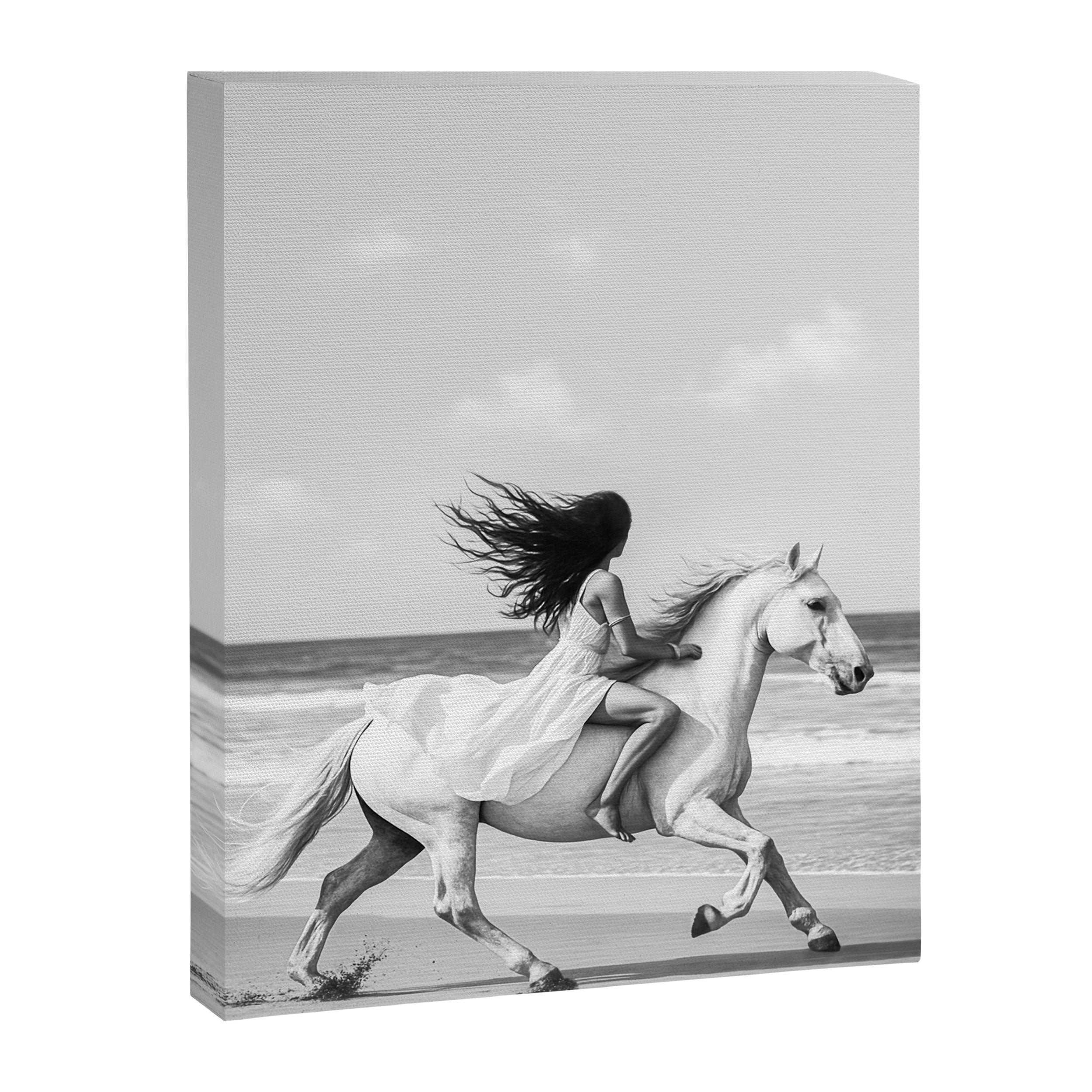 Boho Horse Riding Black White Beach Photography Canvas Print Gallery Image 6