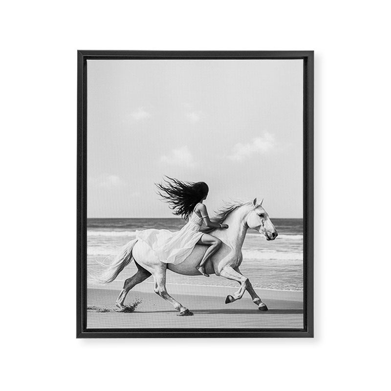Boho Horse Riding Black White Beach Photography Framed Canvas Print Gallery Image 6