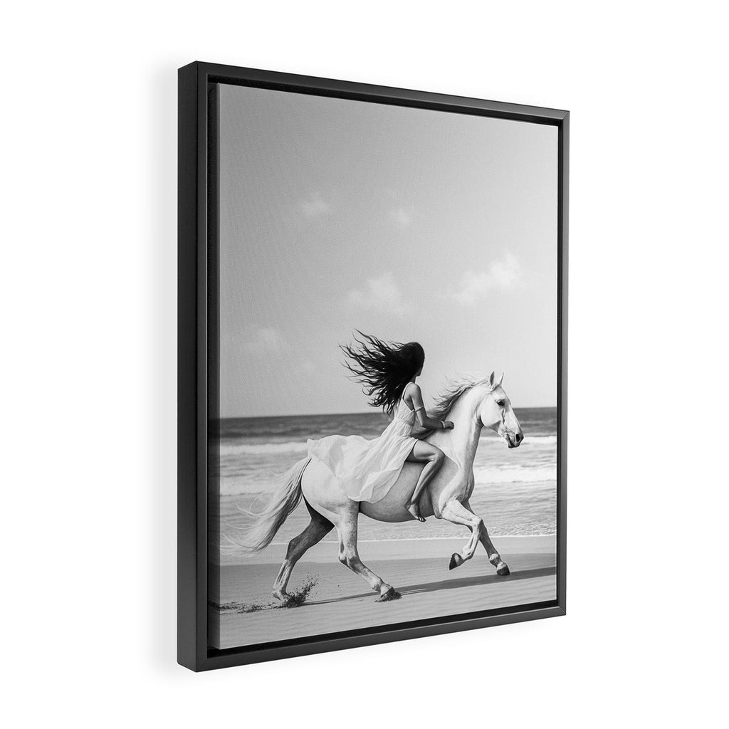 Boho Horse Riding Black White Beach Photography Framed Canvas Print Gallery Image 2