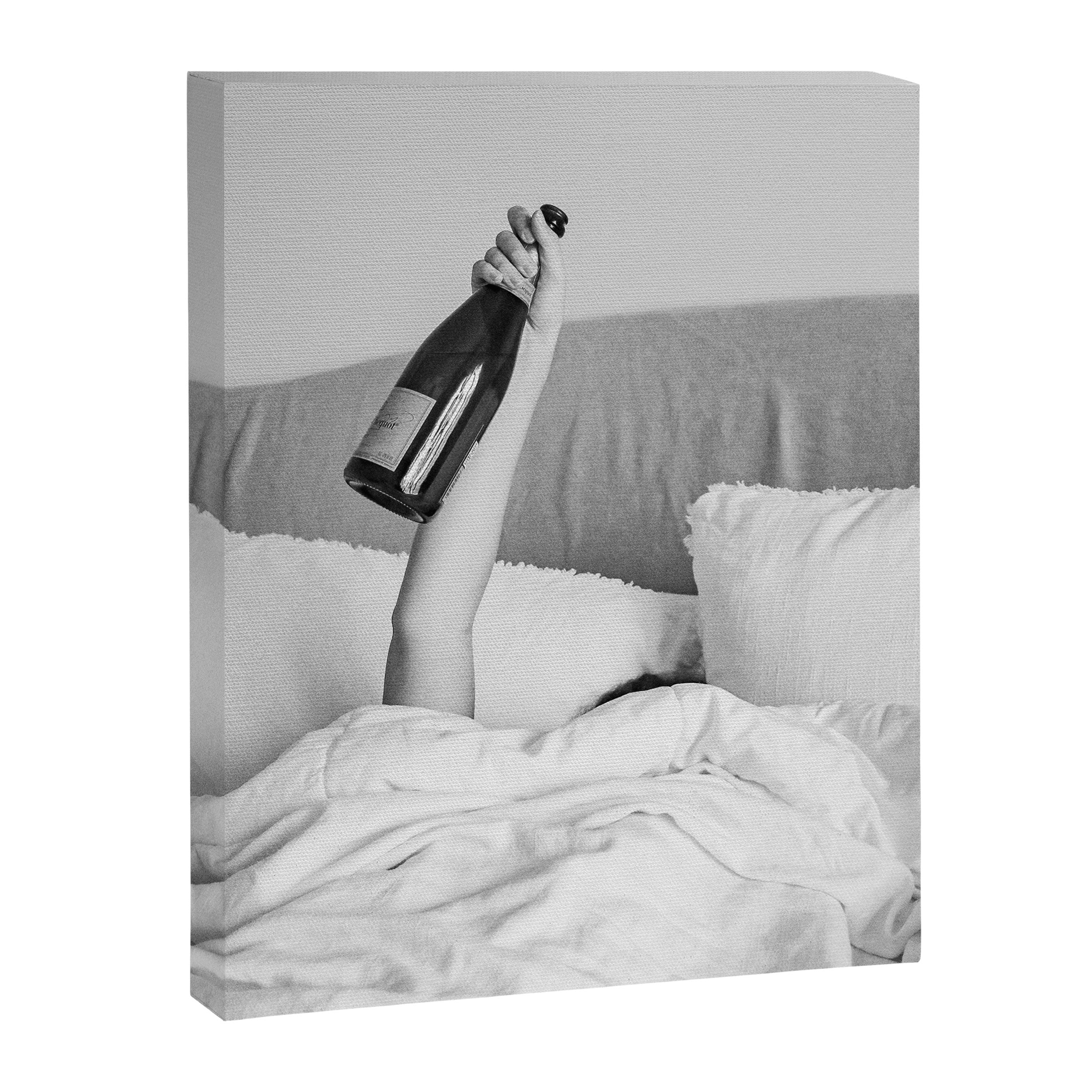 Champagne In Bed - Black And White Photography - Girl With Alcohol Bottle In Hand Photograph - Photo Canvas Print Gallery Image 6