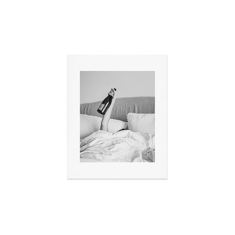 Champagne In Bed - Black And White Photography - Girl With Alcohol Bottle In Hand Photograph - Photo Art Print Gallery Image 1