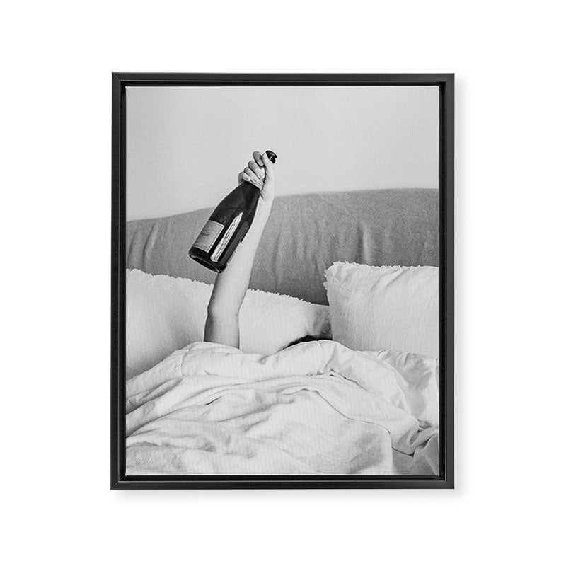 Champagne In Bed - Black And White Photography - Girl With Alcohol Bottle In Hand Photograph - Photo Framed Canvas Print Gallery Image 6