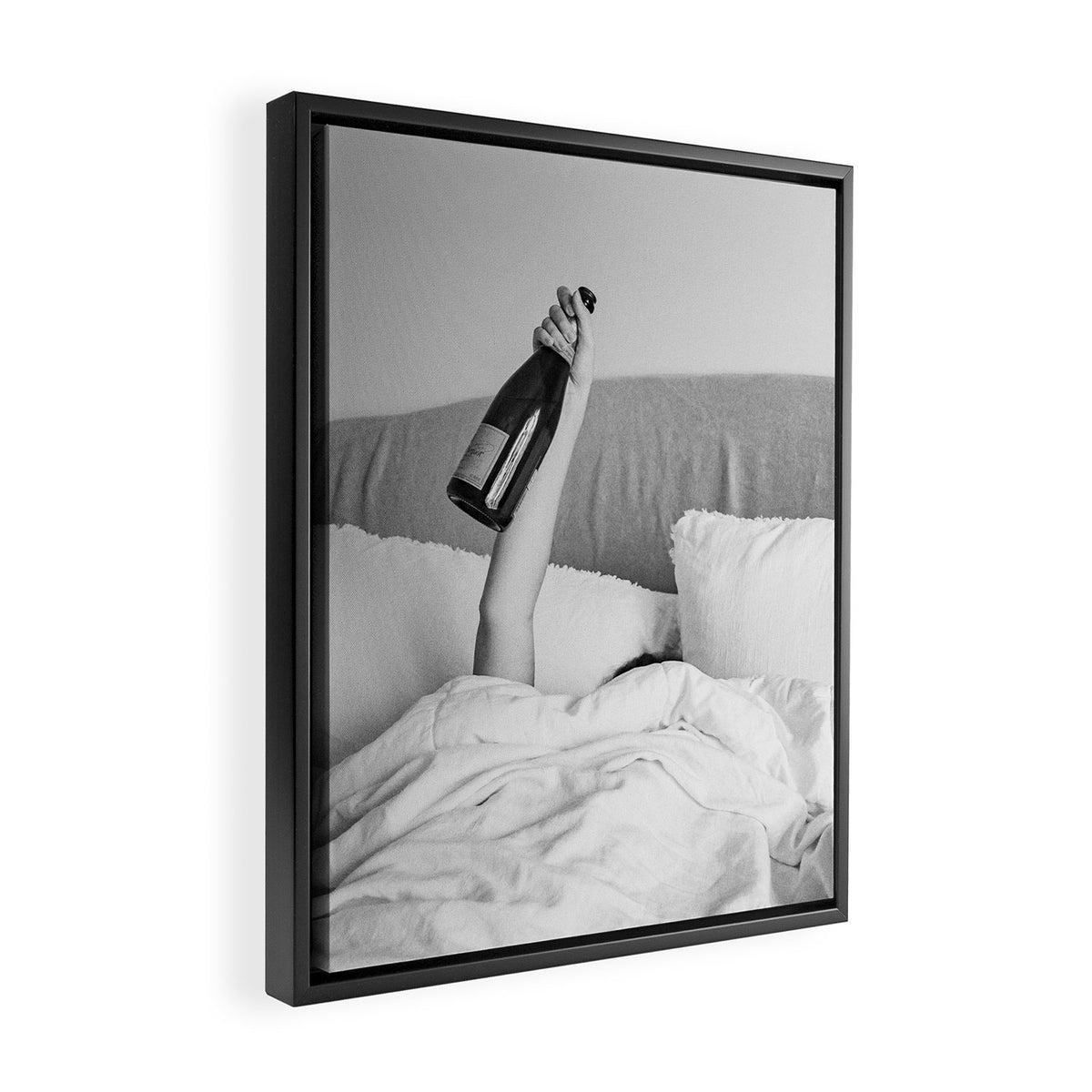 Champagne In Bed - Black And White Photography - Girl With Alcohol Bottle In Hand Photograph - Photo Framed Canvas Print Gallery Image 2