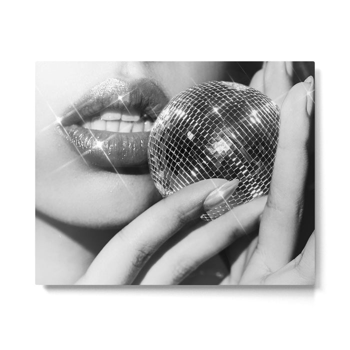 Disco Ball Female Lips - Black And White Modern Wall Art Photograph - Home Decor Metal Print Gallery Image 1