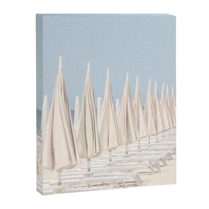 Minimalist Beach Photo Print | White Umbrellas | Coastal Summer Travel Photography Canvas Print Gallery Image 1