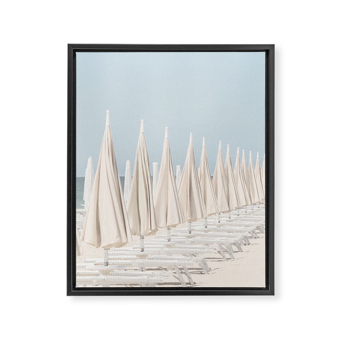 Minimalist Beach Photo Print | White Umbrellas | Coastal Summer Travel Photography Framed Canvas Print Gallery Image 1