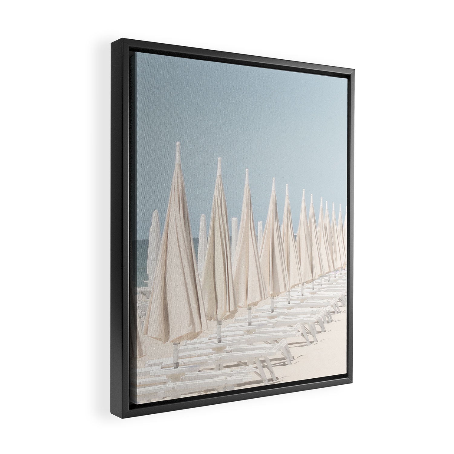 Minimalist Beach Photo Print | White Umbrellas | Coastal Summer Travel Photography Framed Canvas Print Gallery Image 2