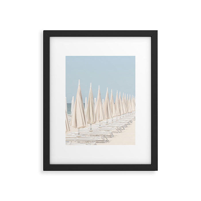 Minimalist Beach Photo Print | White Umbrellas | Coastal Summer Travel Photography Framed Art Print Gallery Image 1