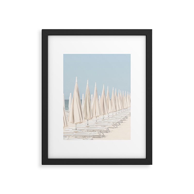 Minimalist Beach Photo Print | White Umbrellas | Coastal Summer Travel Photography Framed Art Print Gallery Image 5