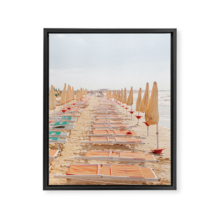 Puglia Loungers | Italy Travel Photography | Pastel Minimalist Beach Photo Framed Canvas Print Gallery Image 1