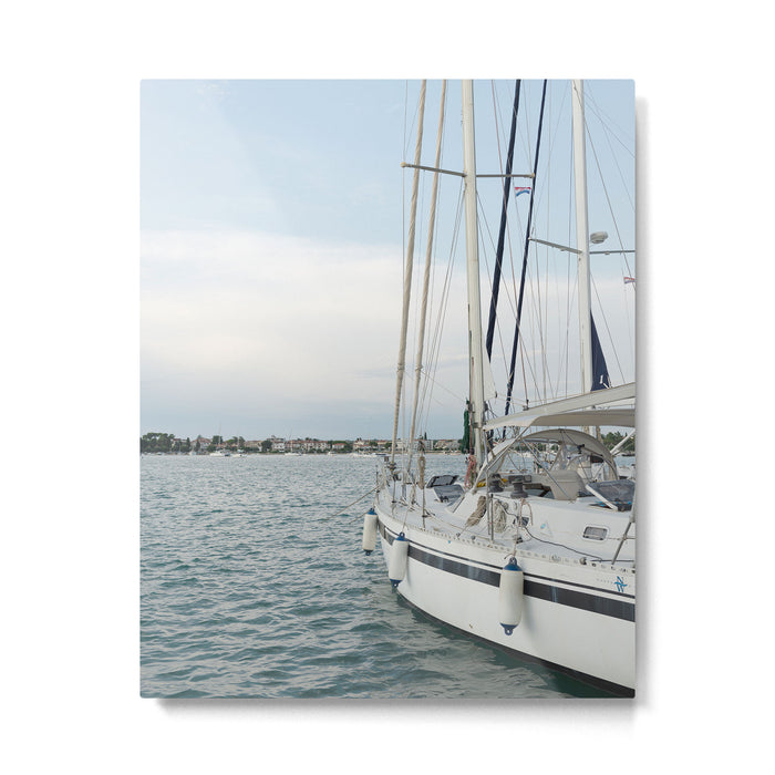Sailboat in Croatian Harbor - Nautical Travel Photography  Metal Print Gallery Image 1