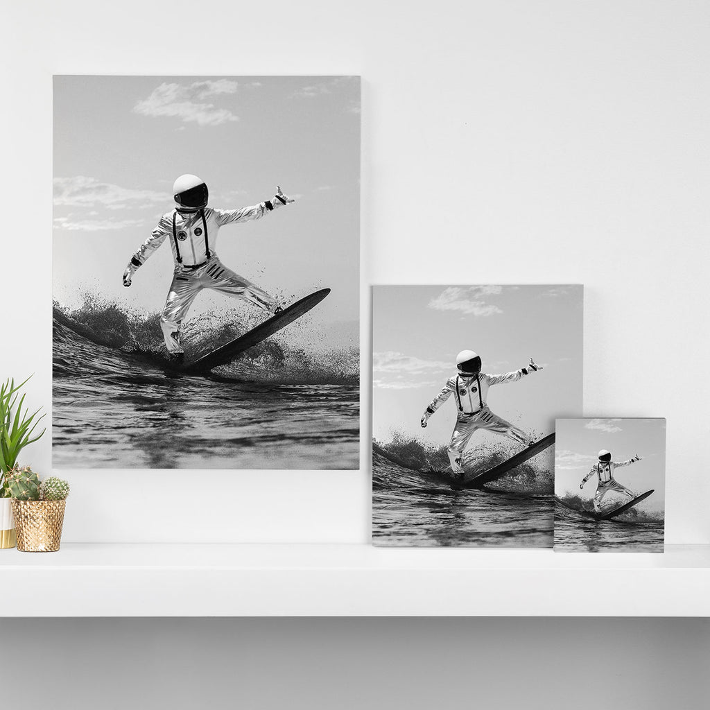 Space Surfer - Black And White - Futuristic Surf Photo Art Print - Astronaut Riding a Wave Canvas Print Gallery Image 3