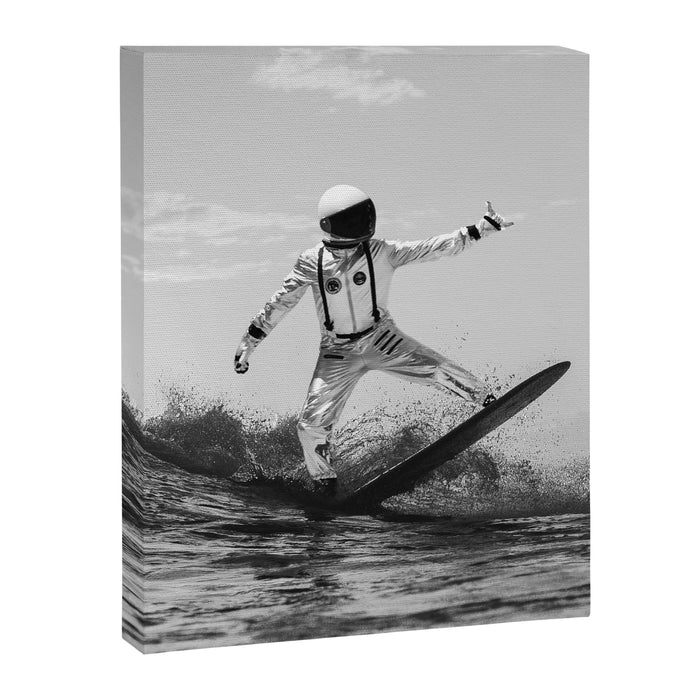 Space Surfer - Black And White - Futuristic Surf Photo Art Print - Astronaut Riding a Wave Canvas Print Gallery Image 1