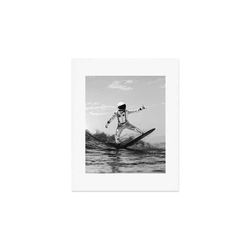 Space Surfer - Black And White - Futuristic Surf Photo Art Print - Astronaut Riding a Wave Art Print Gallery Image 1