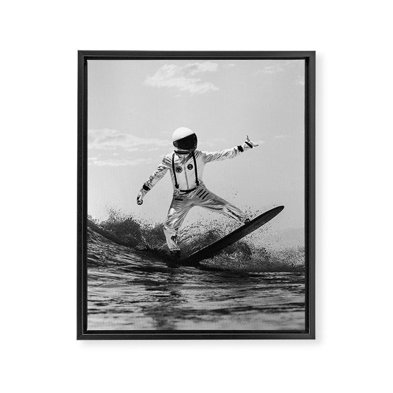 Space Surfer - Black And White - Futuristic Surf Photo Art Print - Astronaut Riding a Wave Framed Canvas Print Gallery Image 8