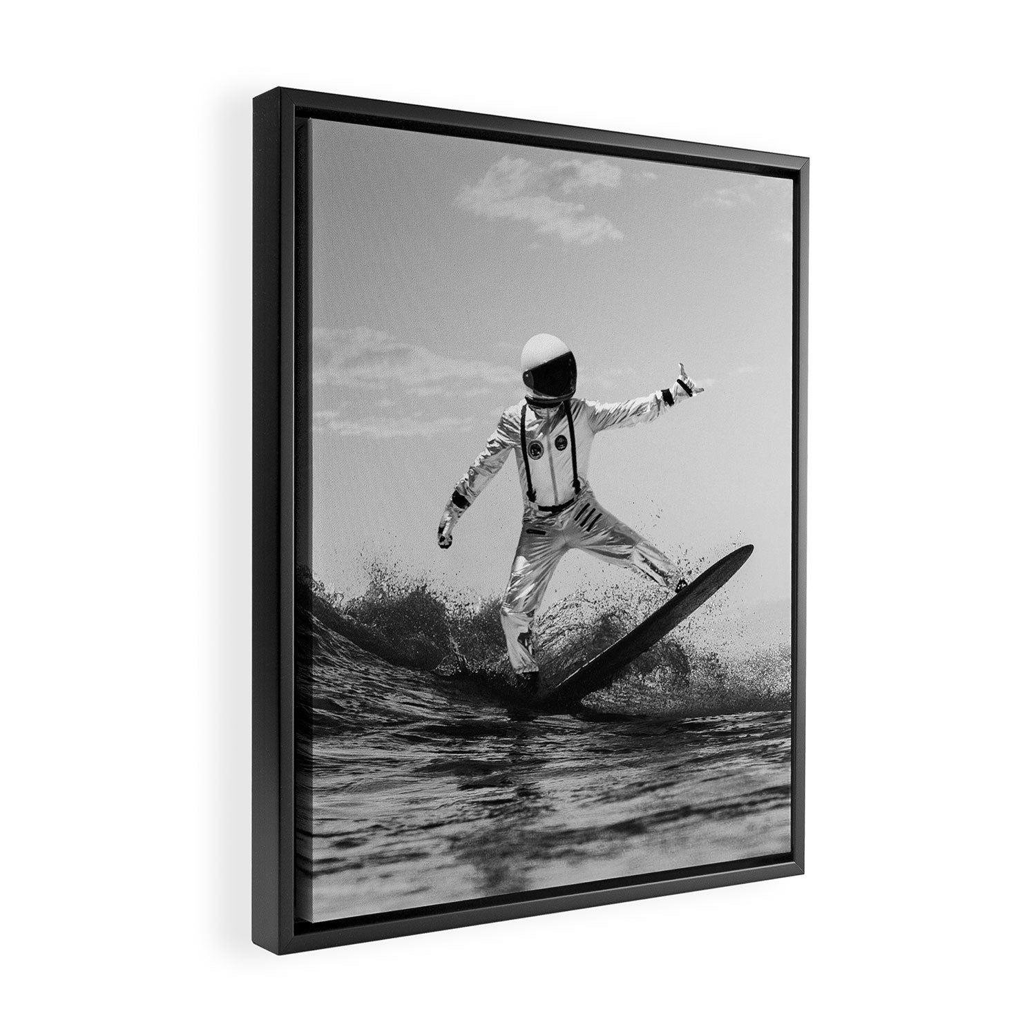 Space Surfer - Black And White - Futuristic Surf Photo Art Print - Astronaut Riding a Wave Framed Canvas Print Gallery Image 2