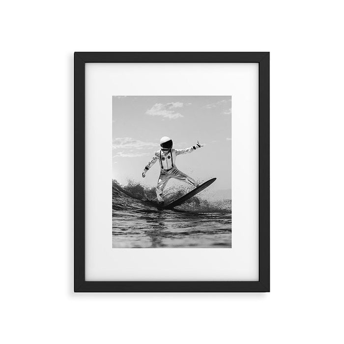 Space Surfer - Black And White - Futuristic Surf Photo Art Print - Astronaut Riding a Wave Framed Art Print Gallery Image 1