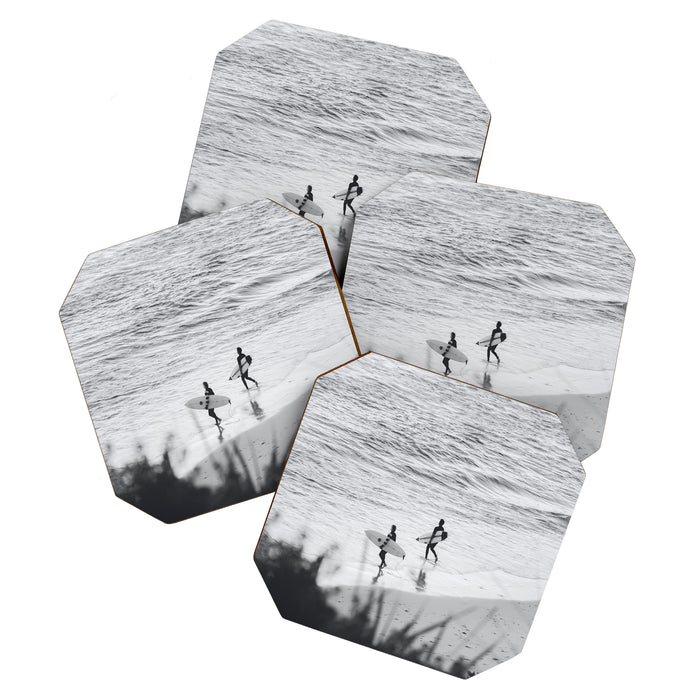 Surfers | Minimalist Black White Photography | Ocean Beach Travel Photo Coaster Gallery Image 1