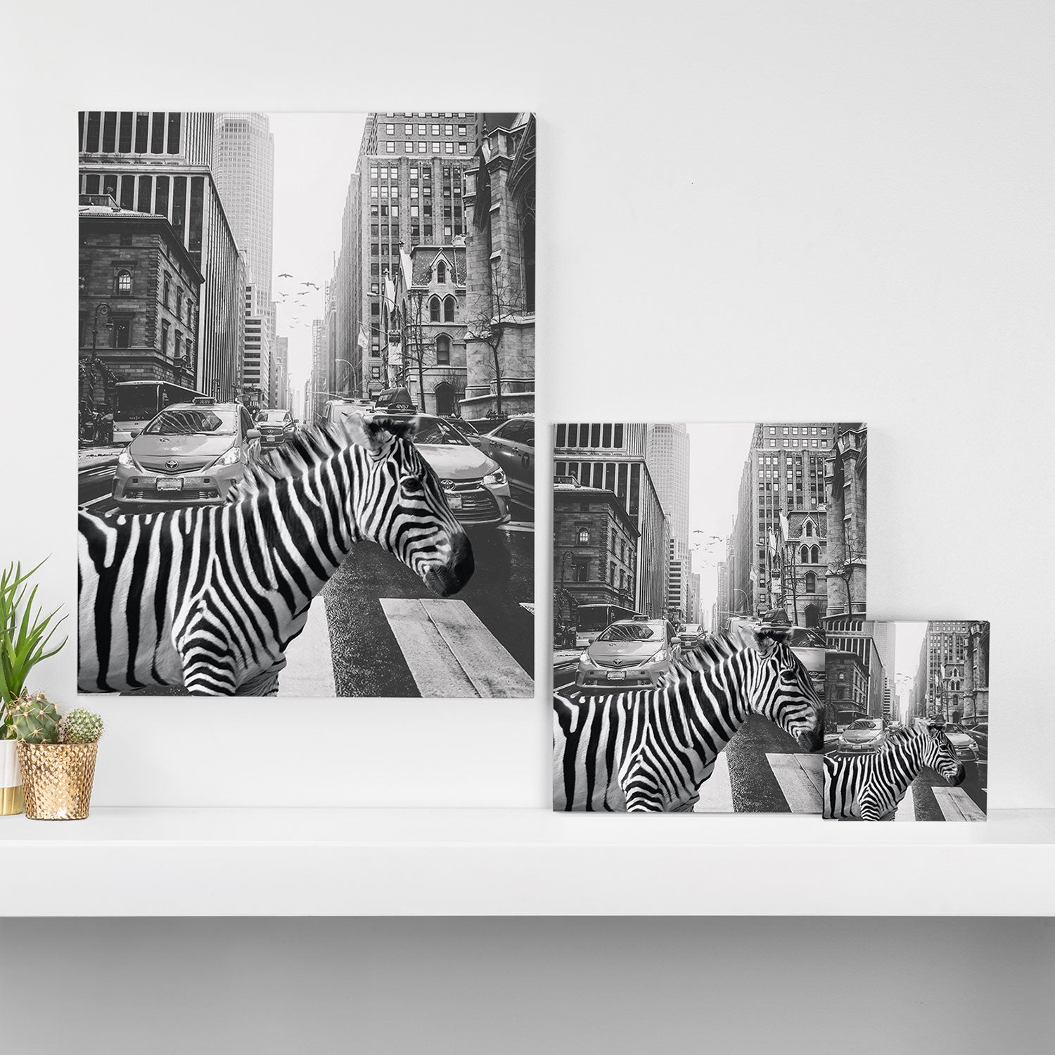 Zebra In The City - Black And White Photography Collage Canvas Print Gallery Image 3