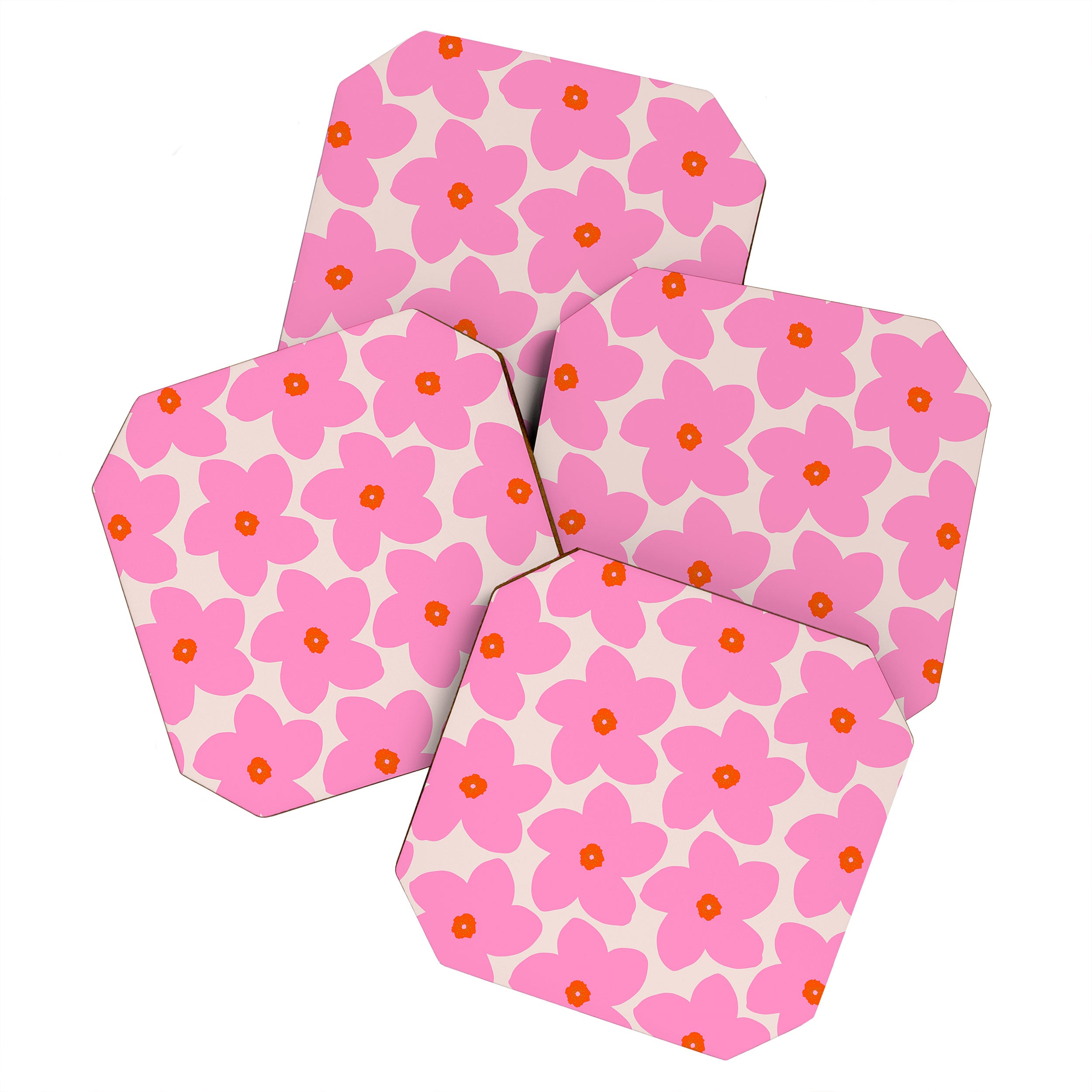 Abstract Retro Flower Pink Orange And Neutral Print Preppy Modern Floral Coaster Gallery Image 1