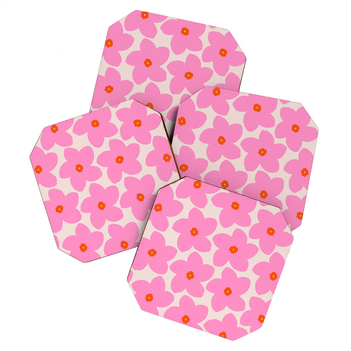 Abstract Retro Flower Pink Orange And Neutral Print Preppy Modern Floral Coaster Gallery Image 1