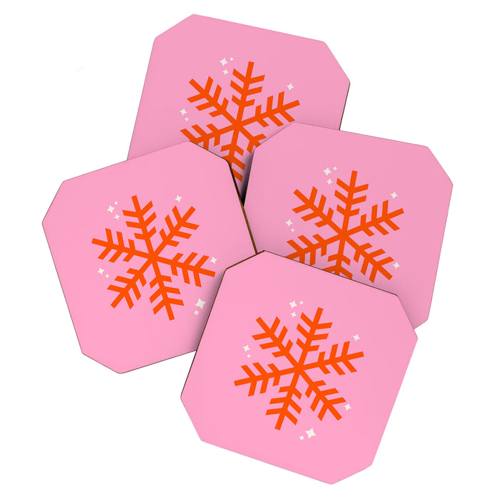 Christmas Print Snowflake Pink And Orange Holiday Decorations Festive Modern Decor Coaster Gallery Image 1