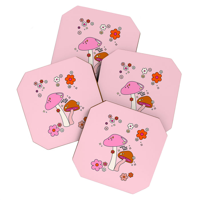 Colorful Mushrooms And Flowers In Pink Coaster Gallery Image 1
