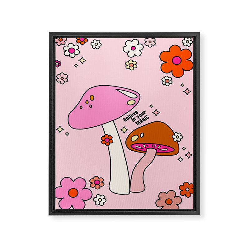 Colorful Mushrooms And Flowers In Pink Framed Canvas Print Gallery Image 6