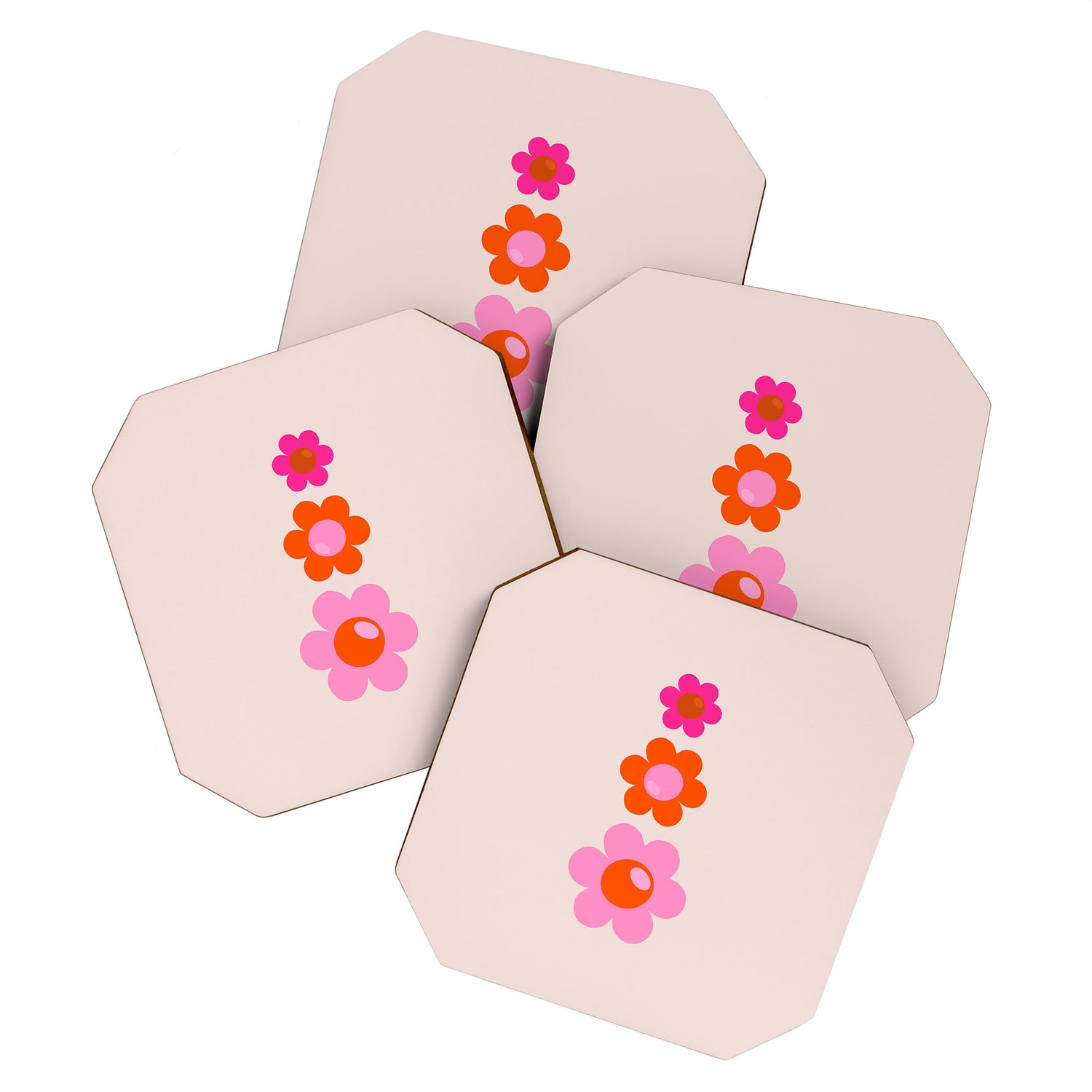 Les Fleurs | 01 - Abstract Retro Floral, Pink And Orange Print Preppy Flowers Coaster Gallery Image 1