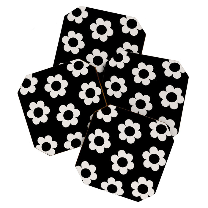 Les Fleurs | 02 - Flower Print Black And White Retro Flowers Wall Art Modern Decor Abstract Coaster Gallery Image 1