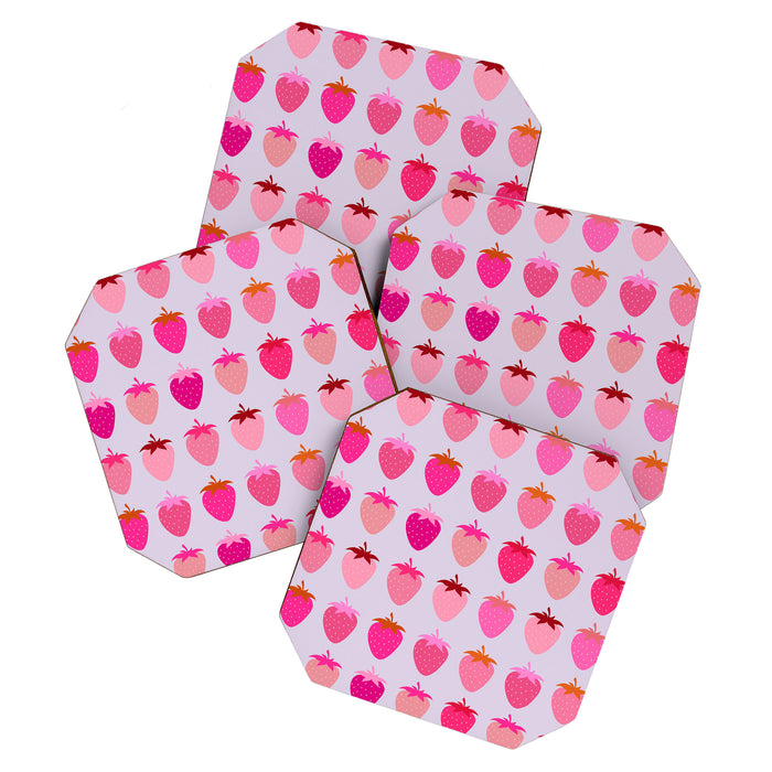 Les Fraises | 03 - Abstract Retro Fruit, Pink And Purple Print Preppy Strawberries Coaster Gallery Image 1