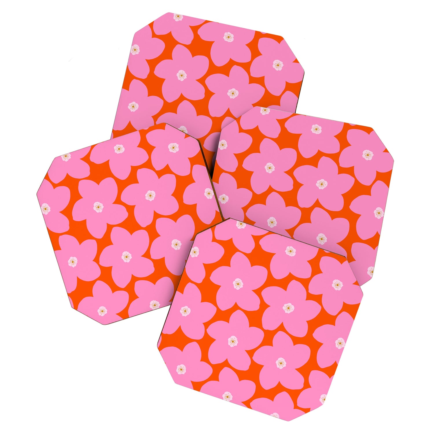 Retro Floral Orange And Pink Print Preppy Decor Abstract Flowers Coaster Gallery Image 1