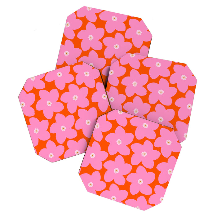 Retro Floral Orange And Pink Print Preppy Decor Abstract Flowers Coaster Gallery Image 1
