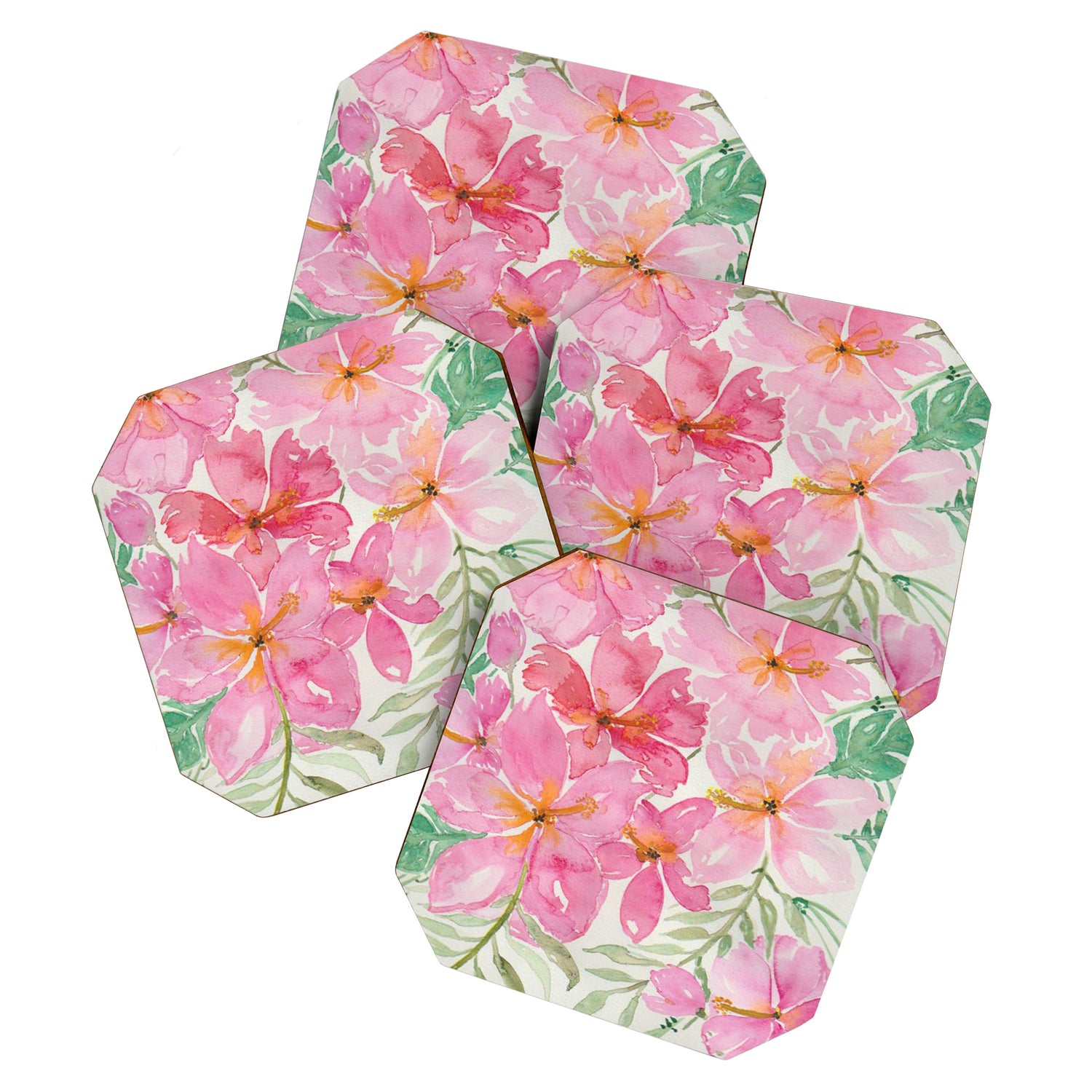 Tropical Pink Hibiscus Watercolor Flowers Coaster Gallery Image 1