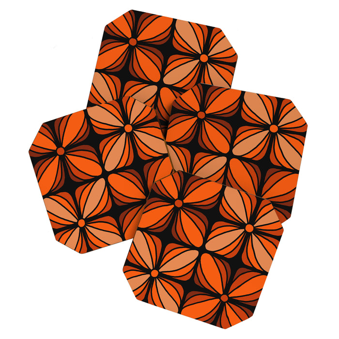 Retro 70s square mod flowers orange brown Coaster Gallery Image 1