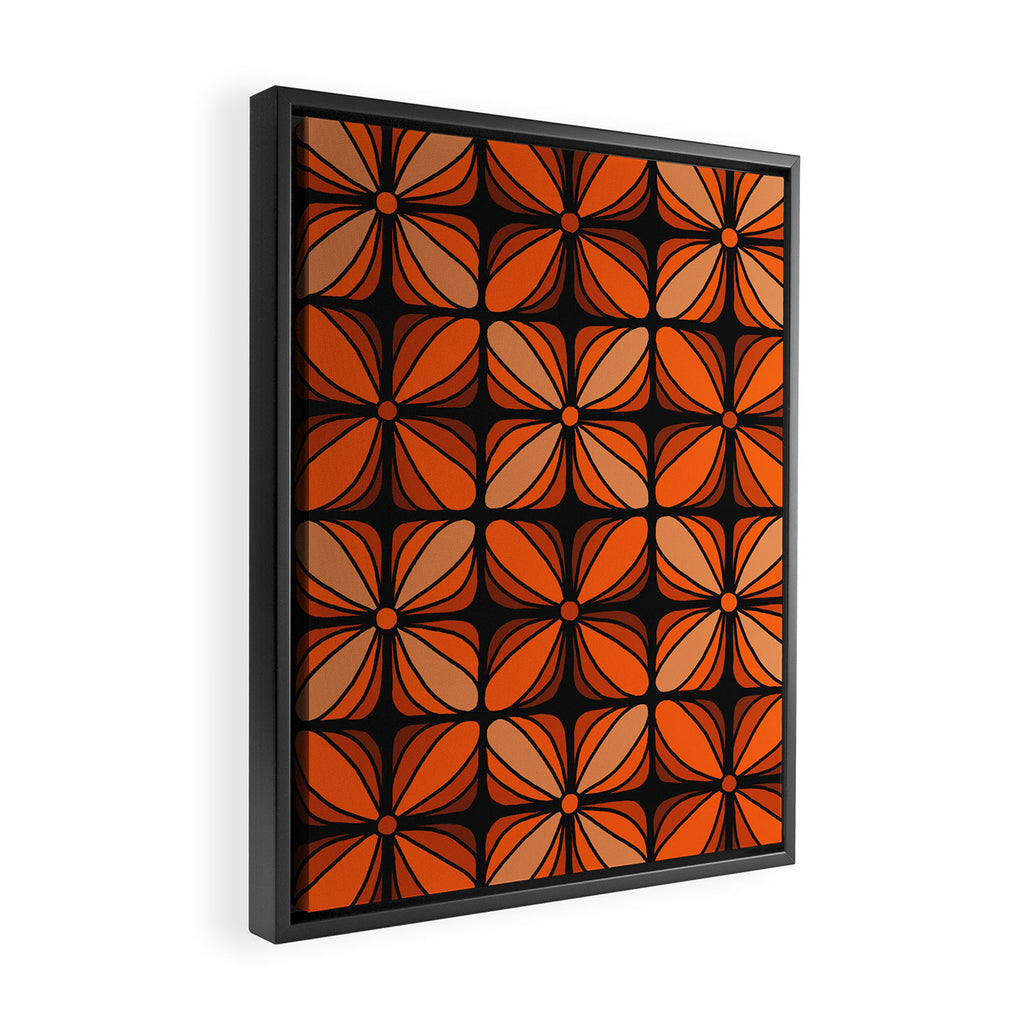 Retro 70s square mod flowers orange brown Framed Canvas Print Gallery Image 2