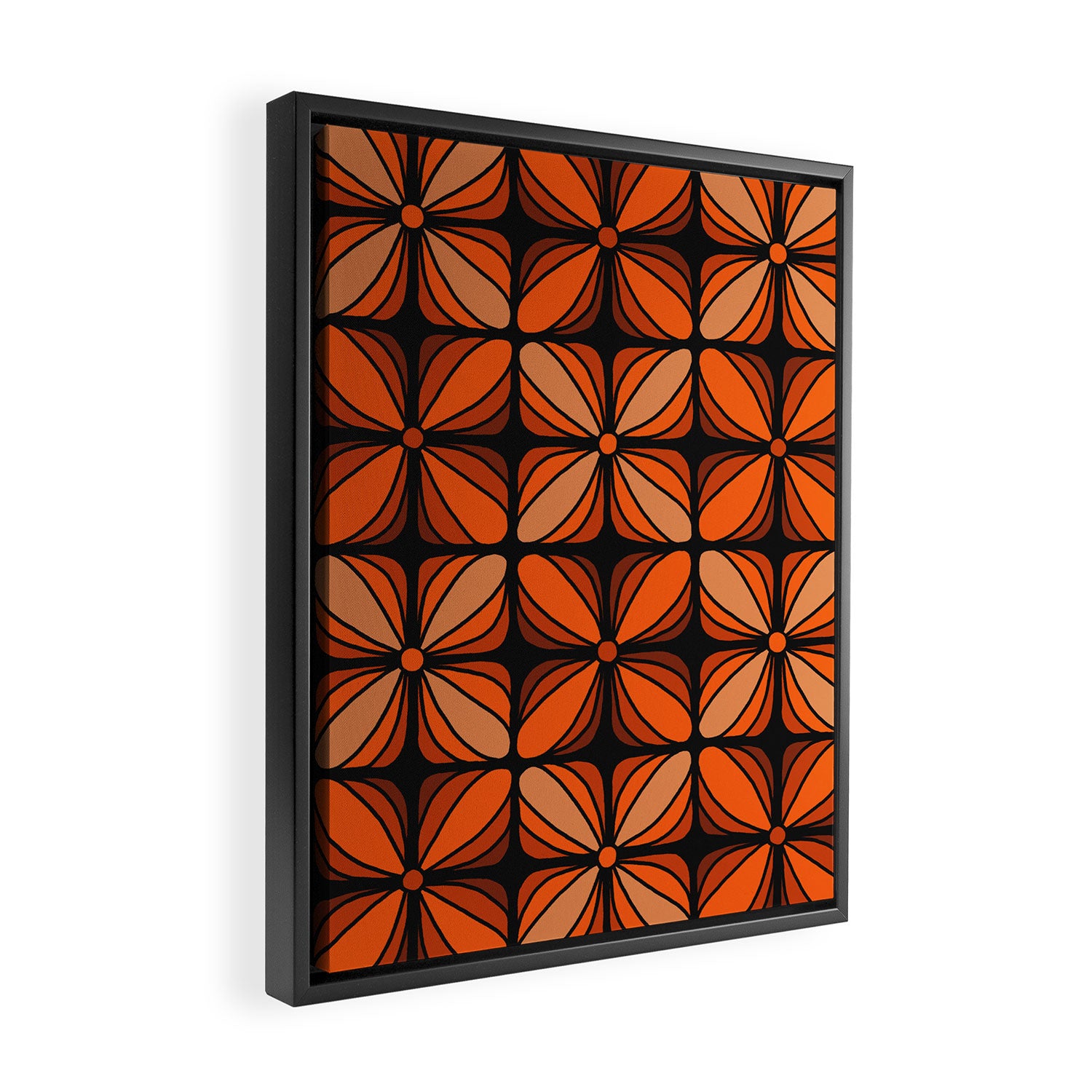 Retro 70s square mod flowers orange brown Framed Canvas Print Gallery Image 2