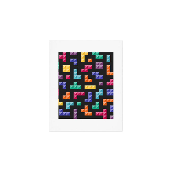 Tetris bricks jewel tones on black pattern Art Print Gallery Image 1