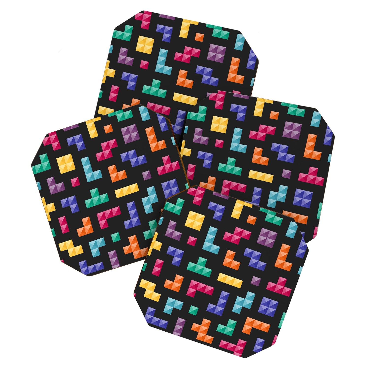 Tetris bricks jewel tones on black pattern Coaster Gallery Image 1