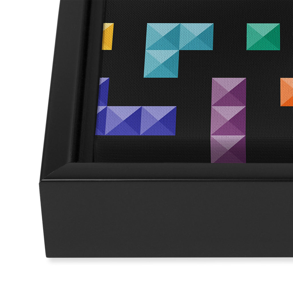 Tetris bricks jewel tones on black pattern Framed Canvas Print Gallery Image 3