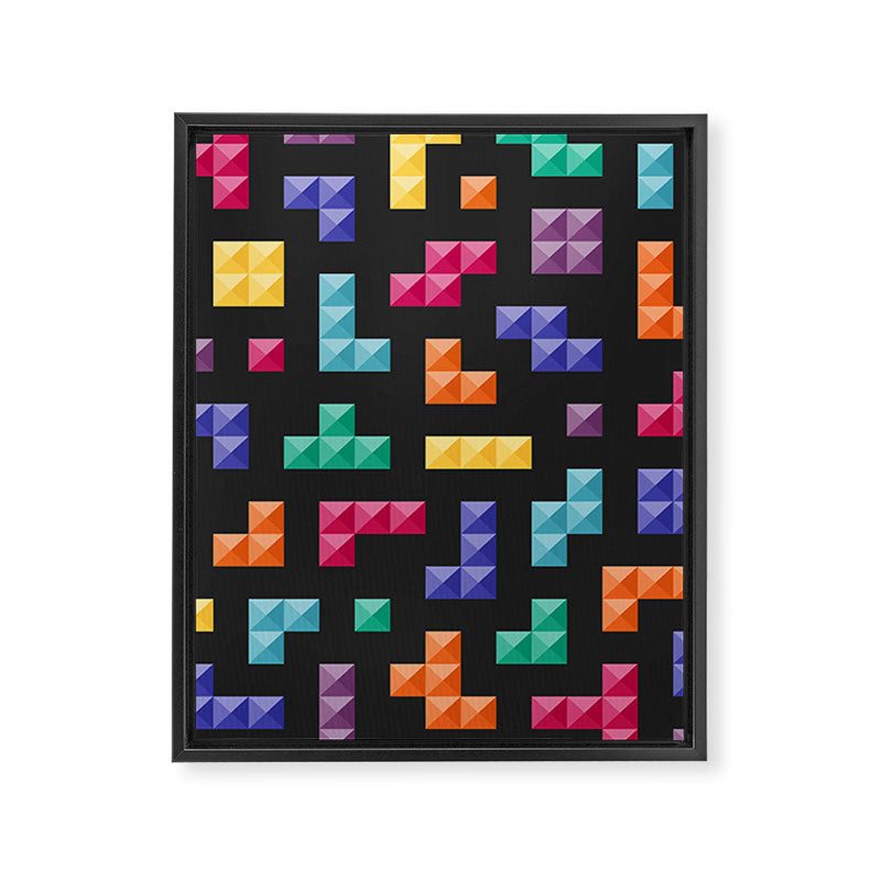 Tetris bricks jewel tones on black pattern Framed Canvas Print Gallery Image 8