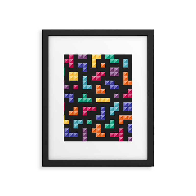 Tetris bricks jewel tones on black pattern Framed Art Print Gallery Image 6
