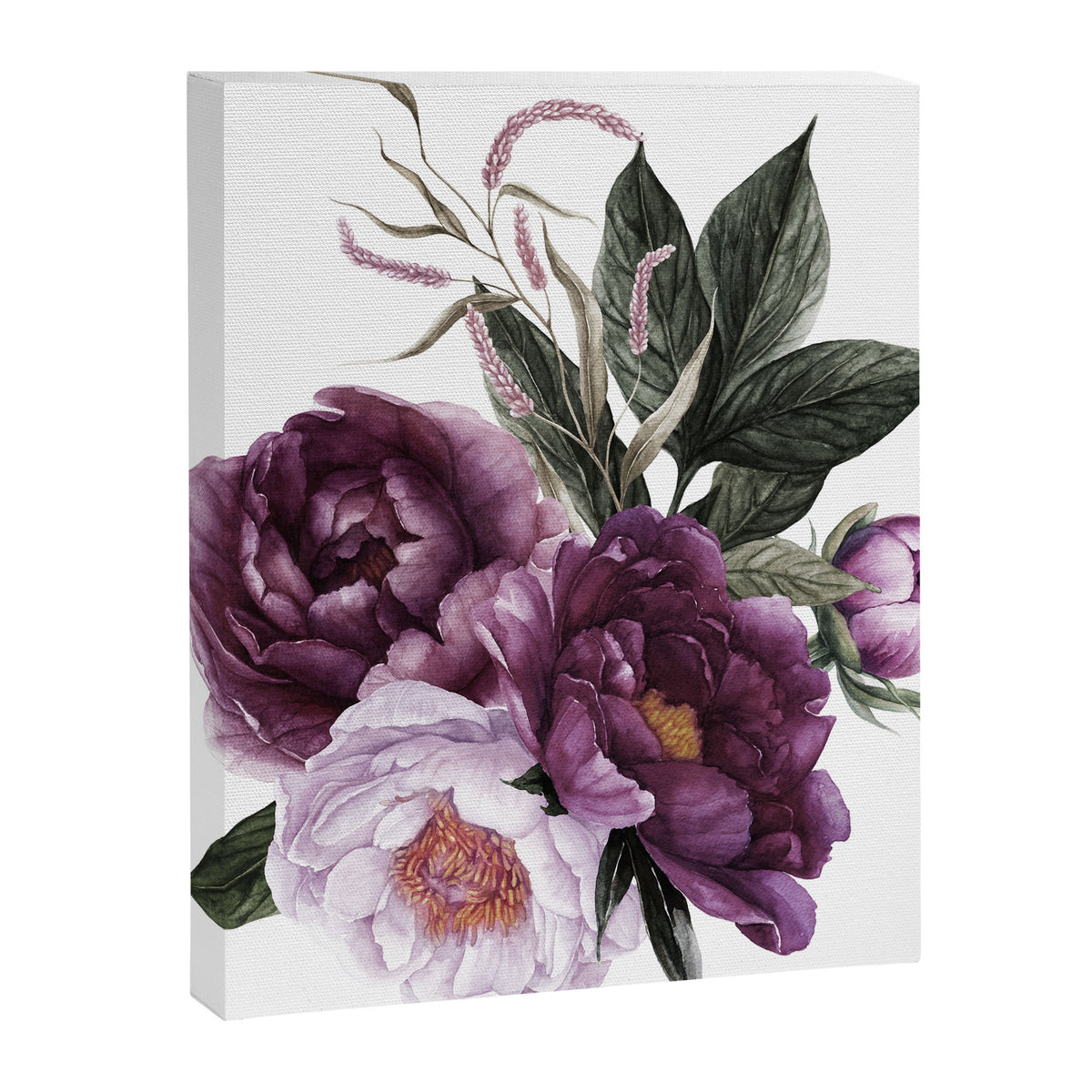 Purple Plum Pink Watercolor Peonies and Greenery Canvas Print Gallery Image 8