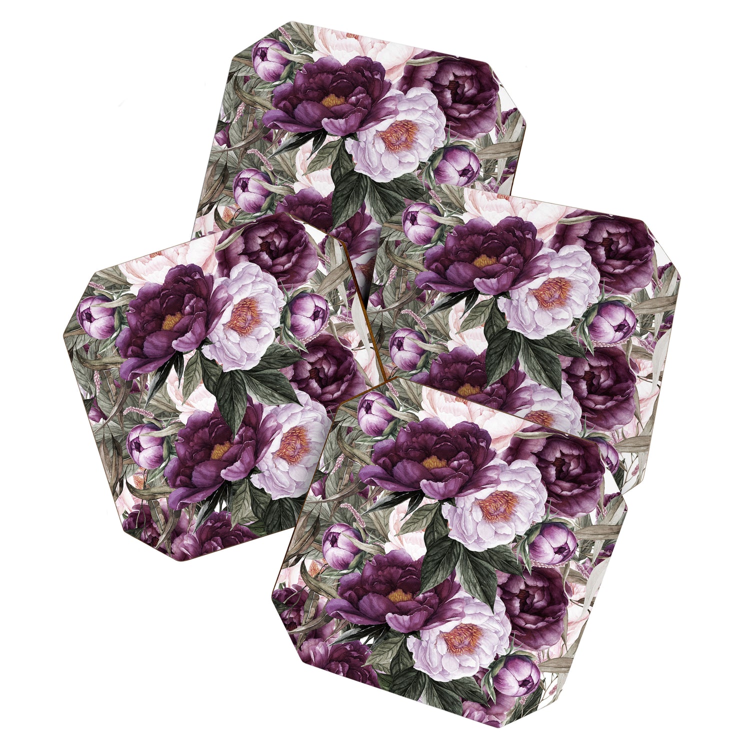 Purple Plum Pink Watercolor Peonies and Greenery Coaster Gallery Image 1