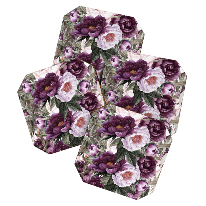 Purple Plum Pink Watercolor Peonies and Greenery Coaster Gallery Image 1