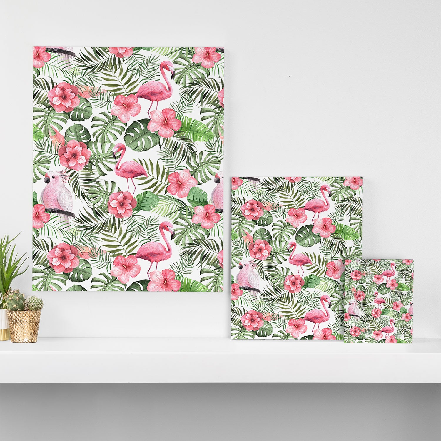 Watercolor Tropical Leaves Flowers Flamingo Cockatoo Canvas Print Gallery Image 3